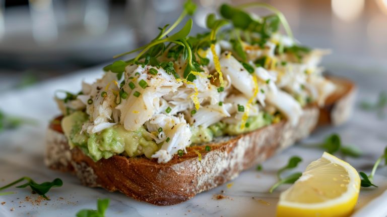 Avocado and Lump Crab Toast with Lemon Zest and Microgreens on Sourdough
