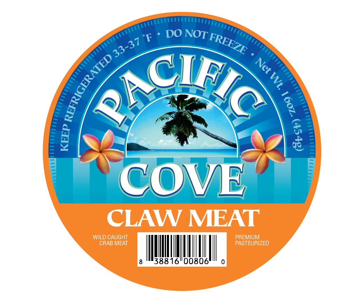 Round "Pacific Cove Claw Meat" label with palm tree, ocean, flowers, and a barcode at the bottom.