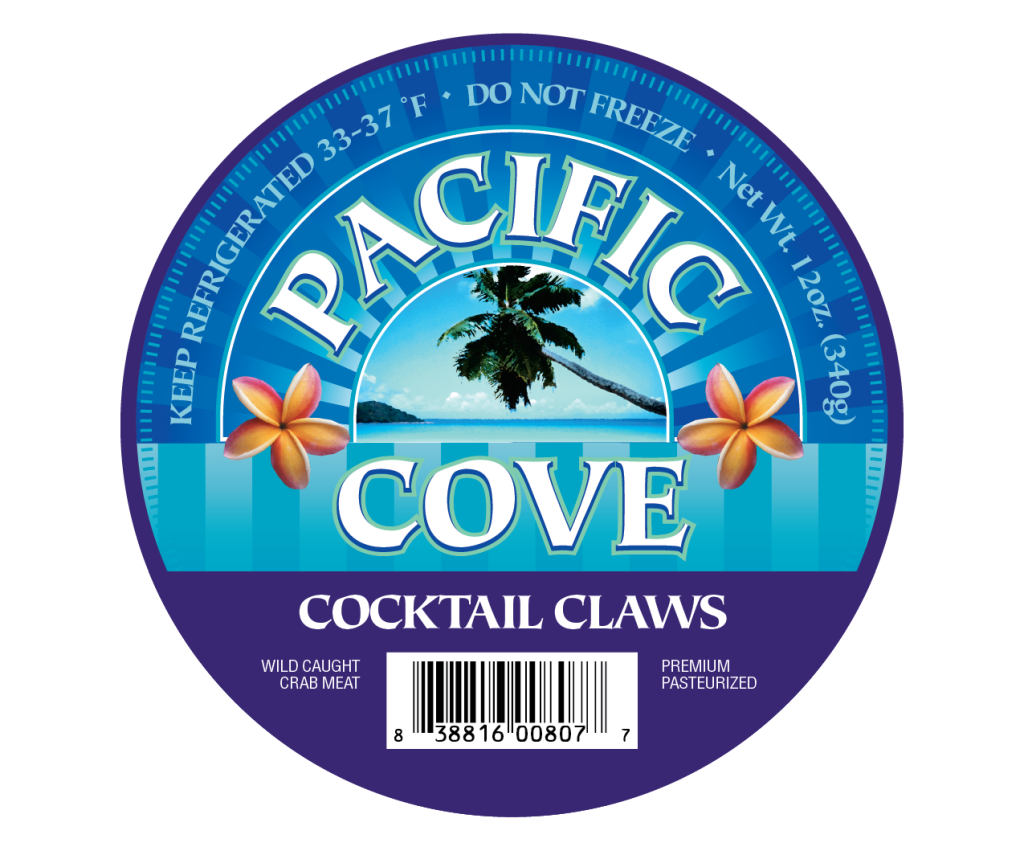 Round label for Pacific Cove cocktail claws with palm trees, flowers, and blue ocean background.
