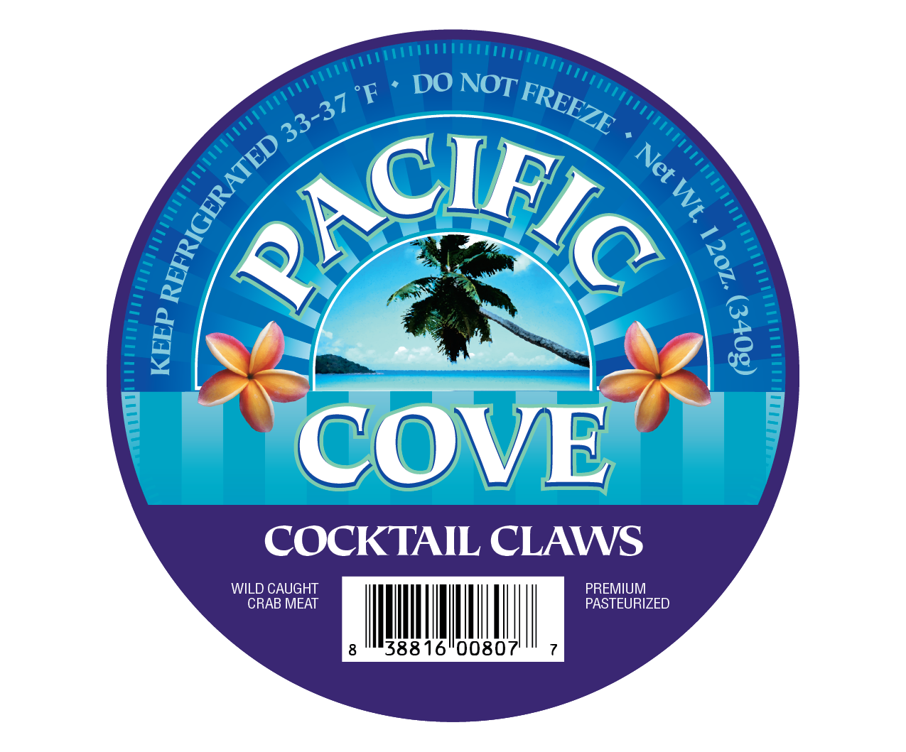 Round label for Pacific Cove cocktail claws with palm trees, flowers, and blue ocean background.