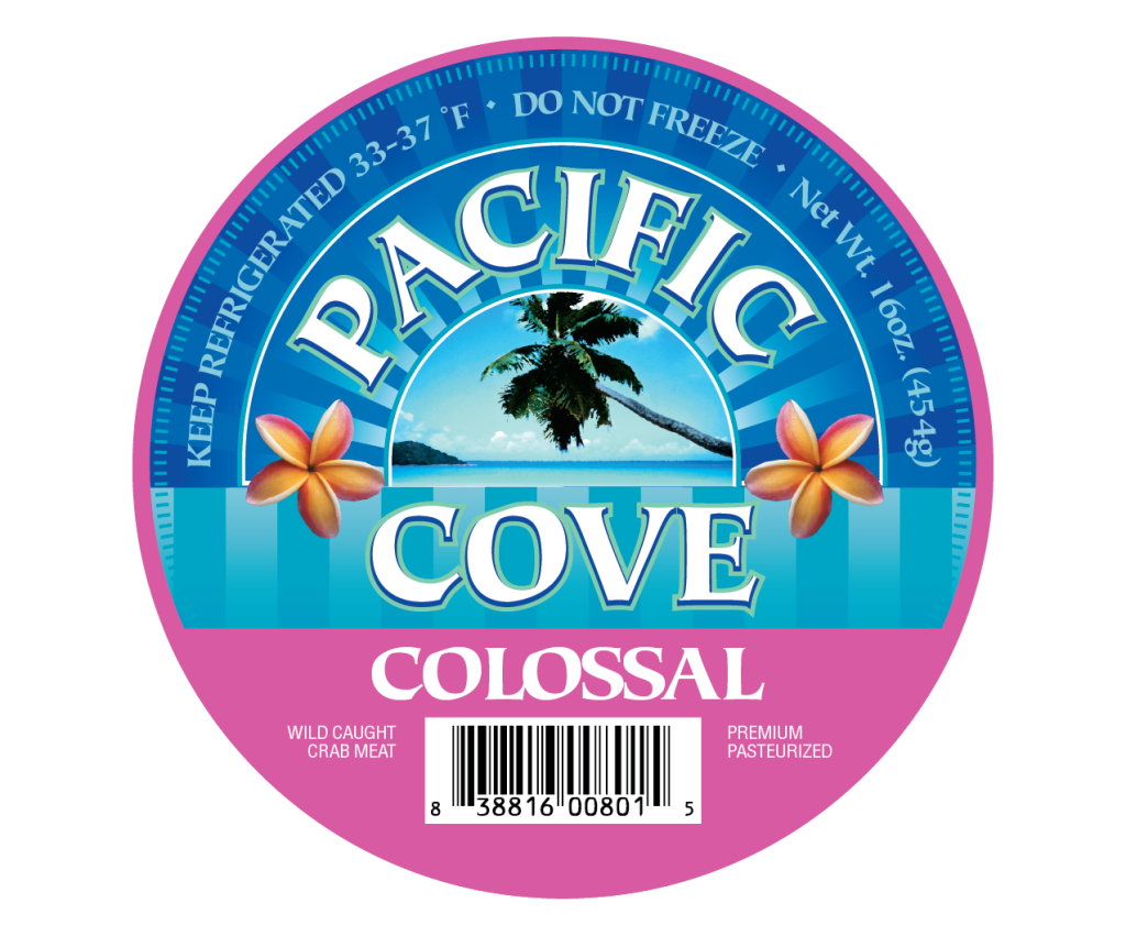 Round label for Pacific Cove Colossal wild-caught crab meat with tropical design, flowers, and palm tree.
