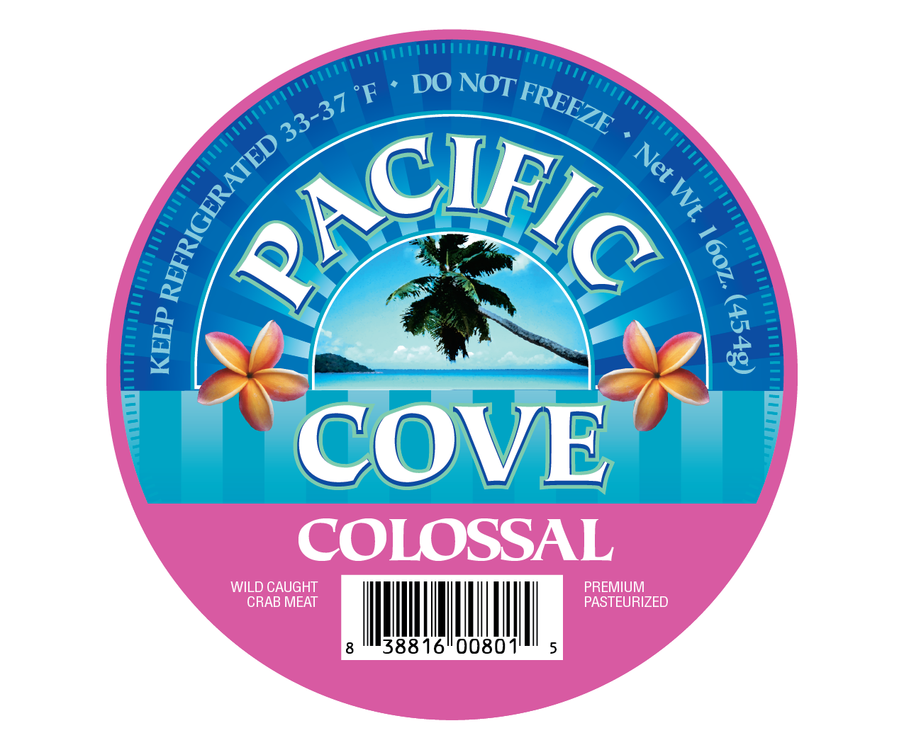 Round label for Pacific Cove Colossal wild-caught crab meat with tropical design, flowers, and palm tree.