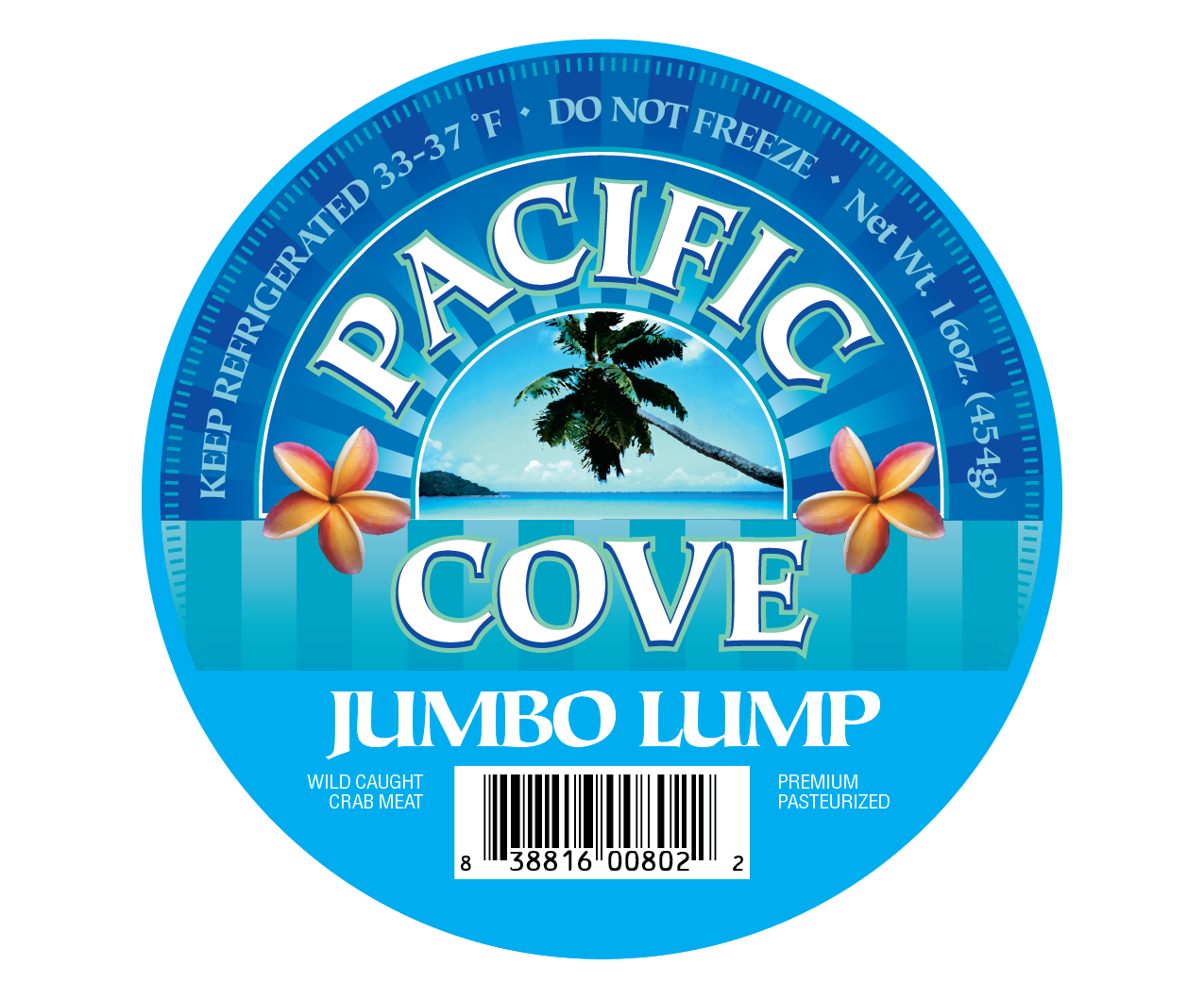 Round label for Pacific Cove Jumbo Lump crab meat with palm tree, ocean, and flowers on a blue background.