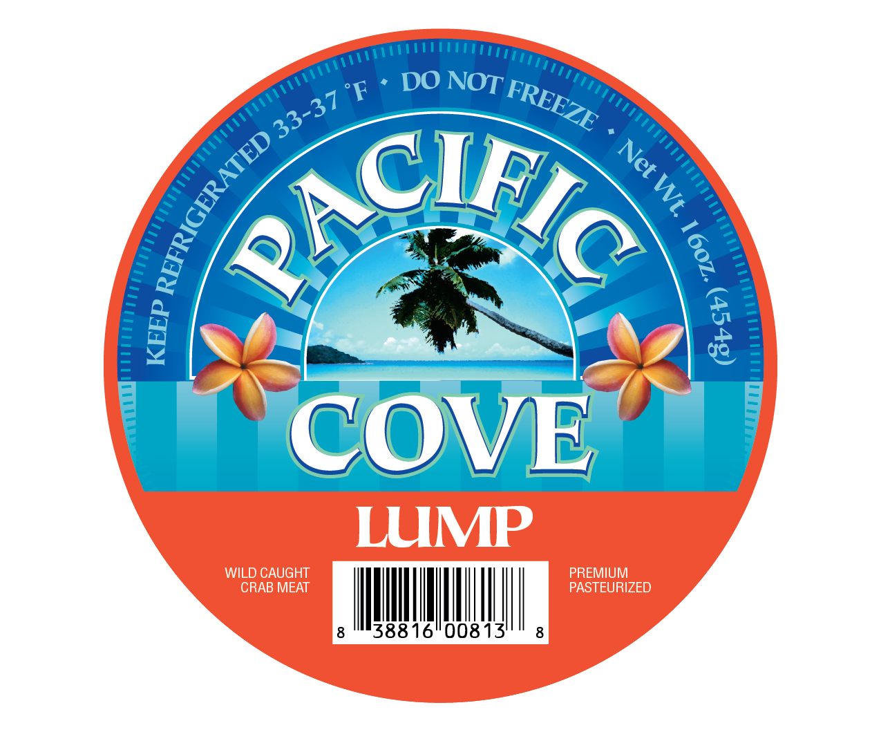 Round label for Pacific Cove Lump crab meat with palm trees, ocean, and flowers, text warns to keep refrigerated.