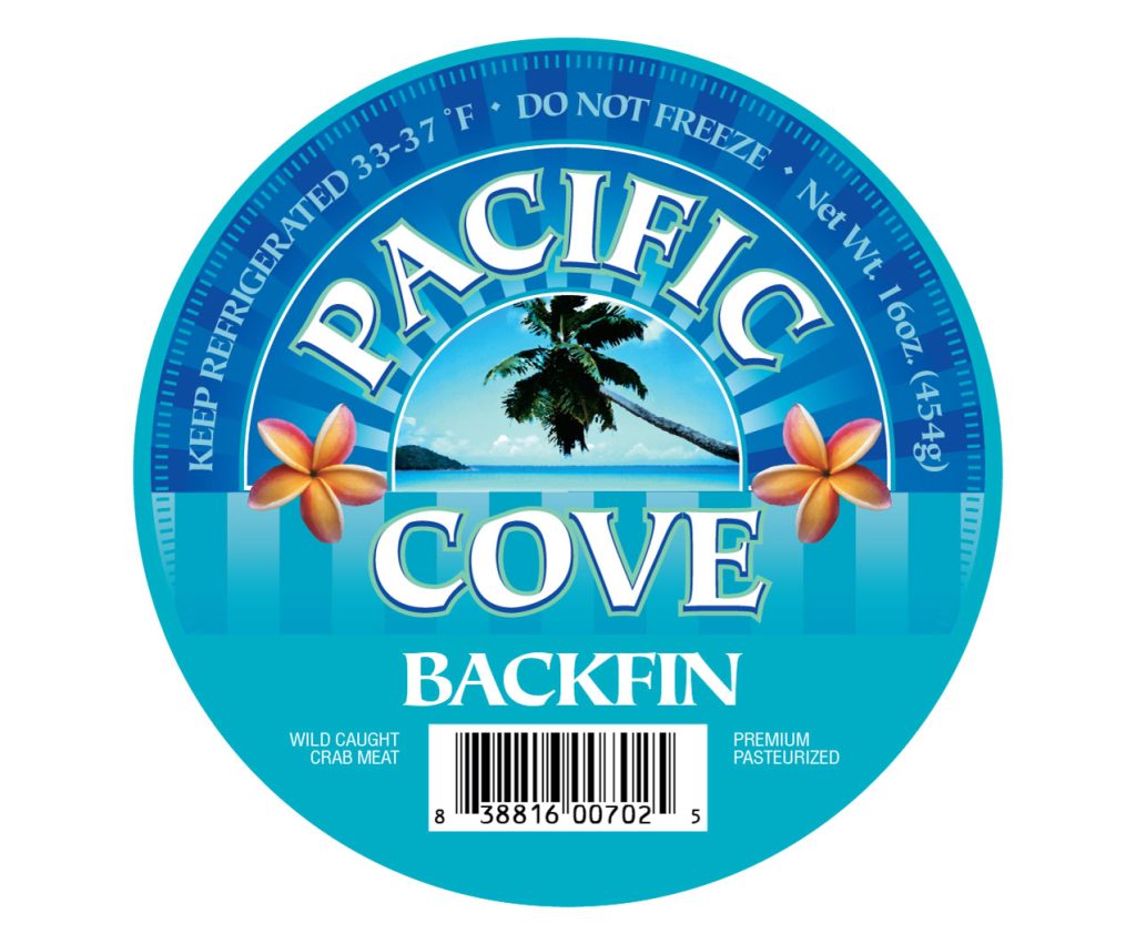 Round "Pacific Cove Backfin" crab meat label with palm tree, flowers, ocean, and barcode.