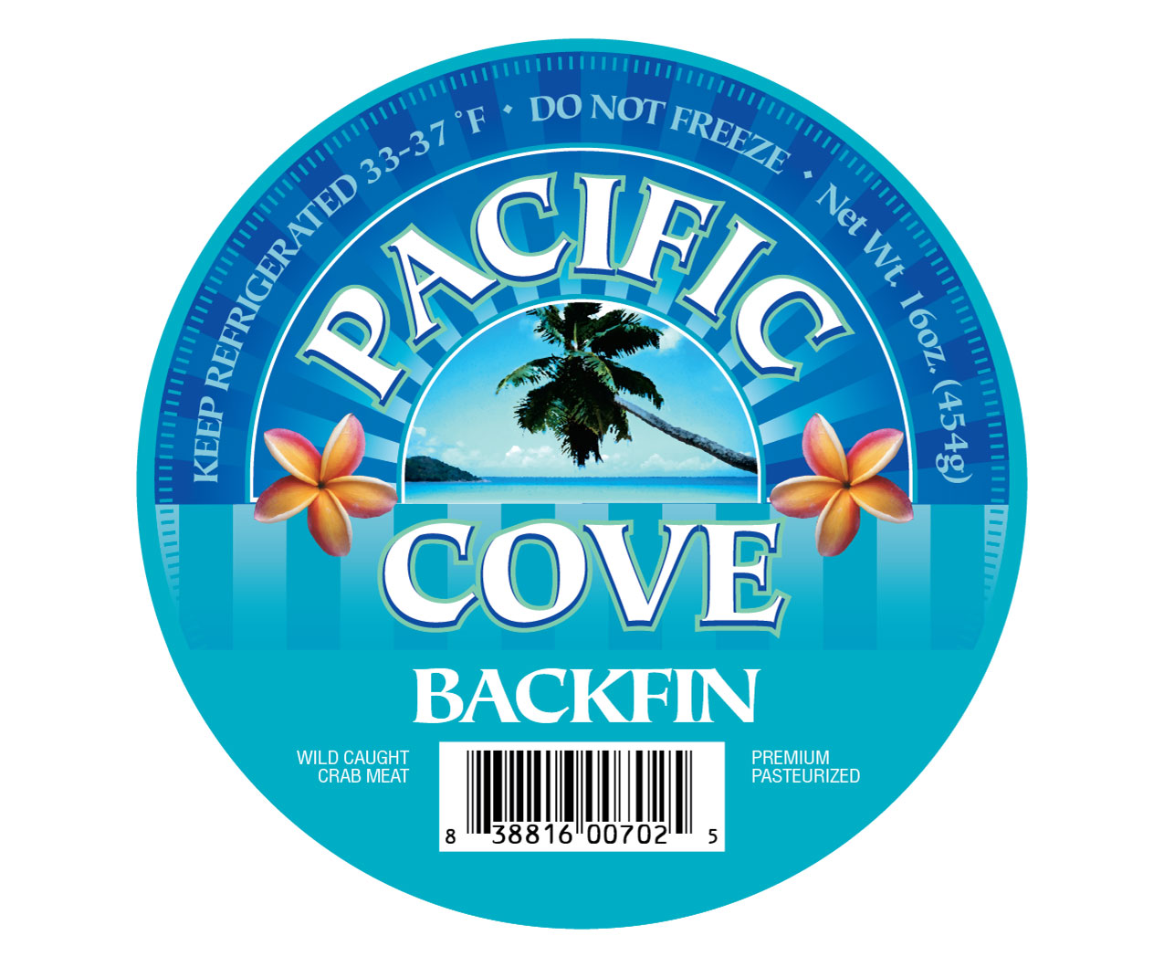 Round "Pacific Cove Backfin" crab meat label with palm tree, flowers, ocean, and barcode.