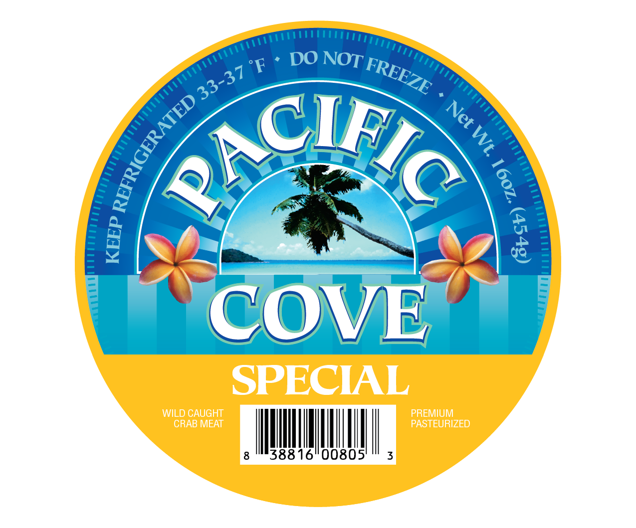 Round label reading "Pacific Cove Special" with palm tree, ocean, flowers, and barcode on a blue and yellow background.