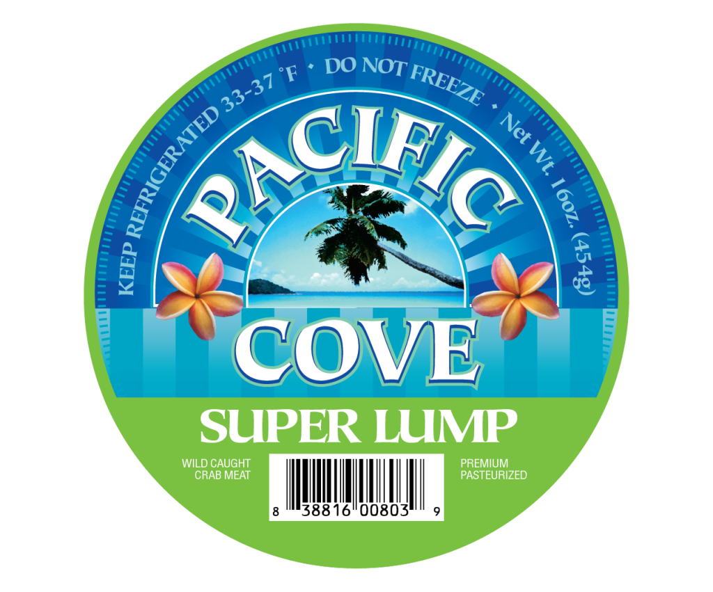 Round "Pacific Cove Super Lump" crab meat label with palm tree, flowers, and a barcode at the bottom.