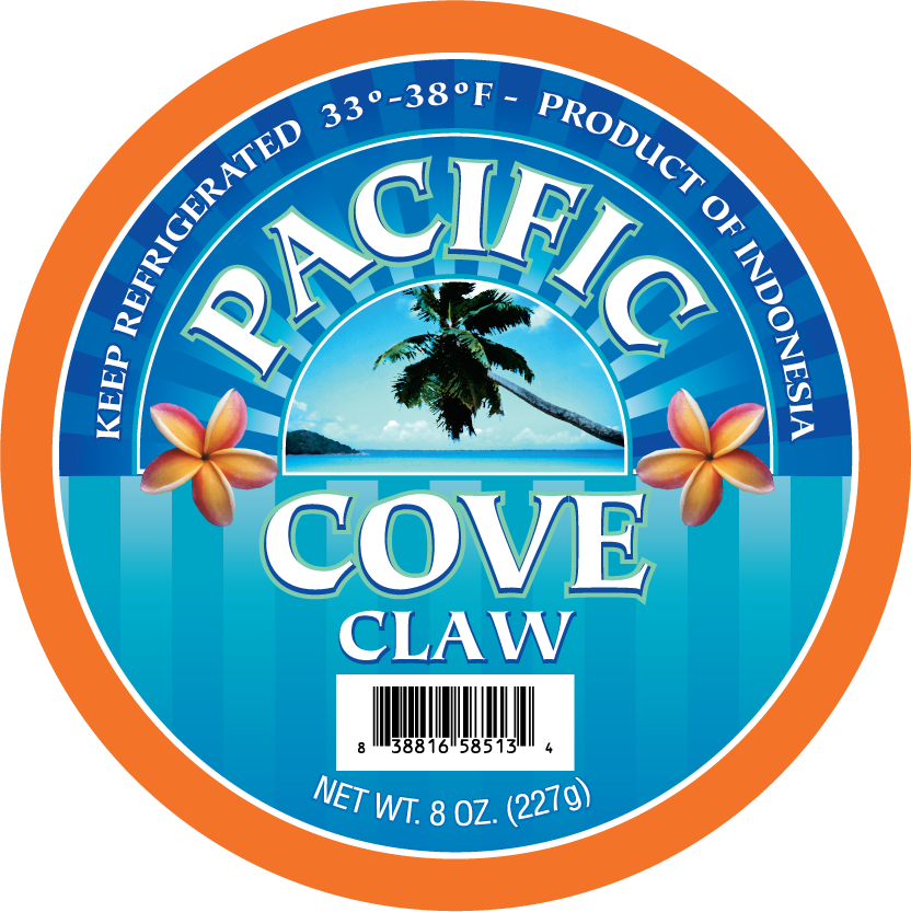 Circular "Pacific Cove Claw" label with palm tree, flowers, and ocean, blue background, and barcode.