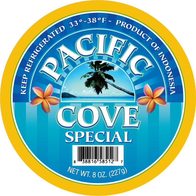 Round label for "Pacific Cove Special" with a palm tree, flowers, barcode, and blue background.