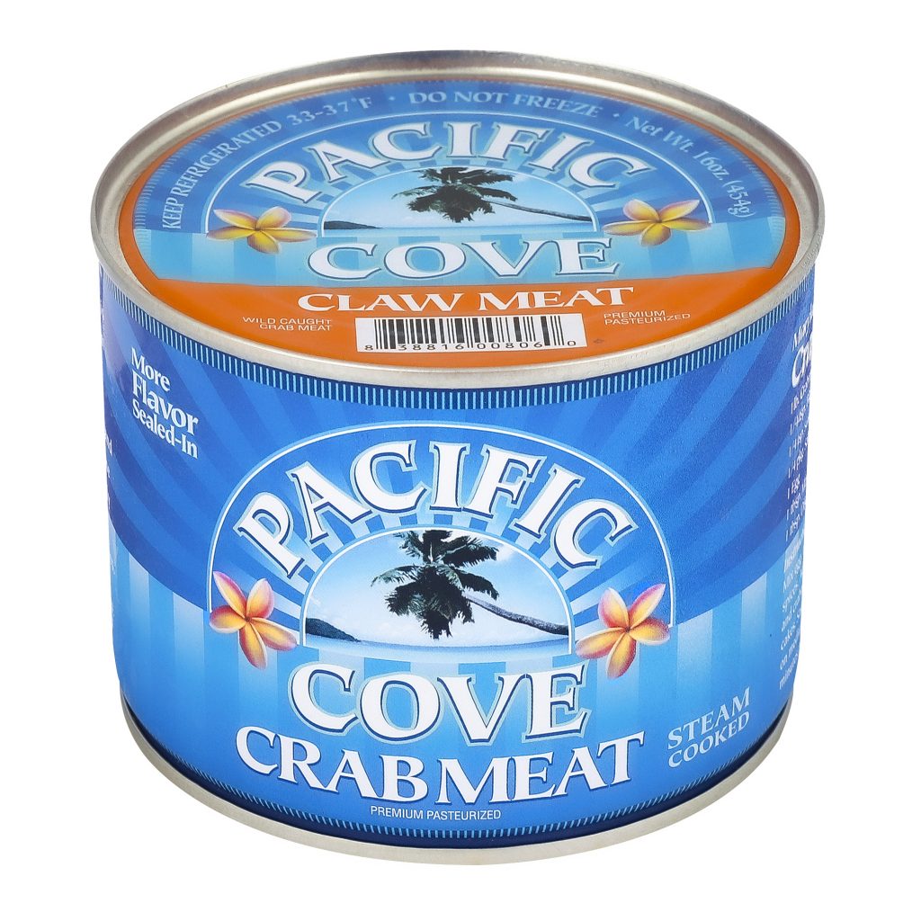 A can of Pacific Cove claw crab meat with a blue label and tropical design.