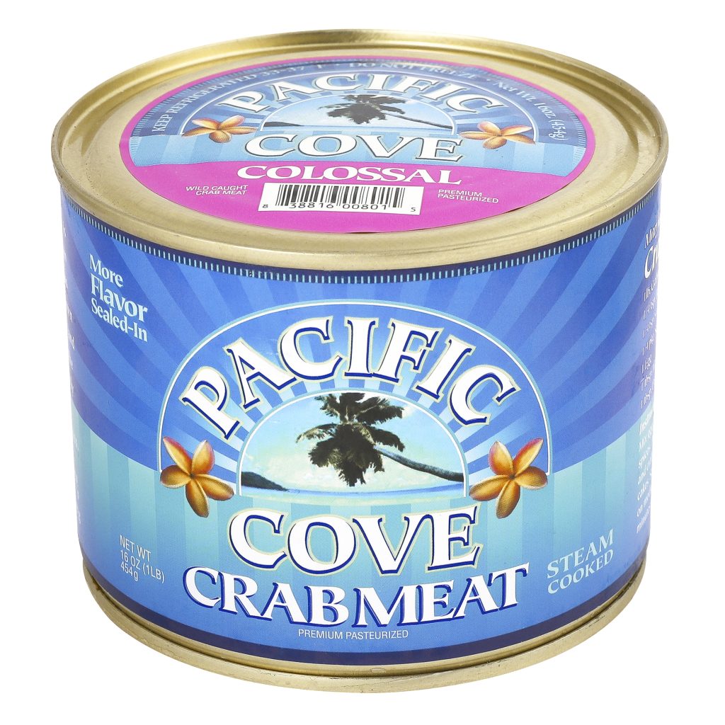 A can of Pacific Cove Colossal Crabmeat with a blue label and gold lid, featuring palm tree artwork.
