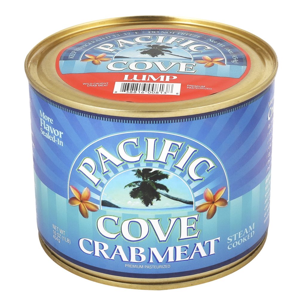 A can of Pacific Cove crabmeat with a blue label, palm tree, and gold lid.