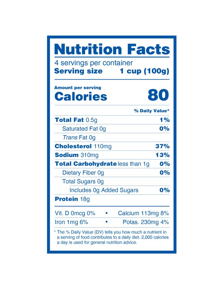 Nutrition Facts label showing 80 calories per 1 cup (100g) serving, with details on fat, cholesterol, sodium, and more.